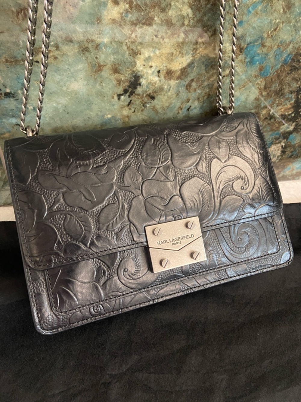 Karl Lagerfeld Black Leather Tooled Floral Crossbody Bag. - Picture 2 of 16